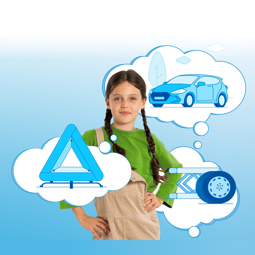 Dziewczynka w otoczeniu ilustracji chmur z symbolami motoryzacyjnymi (auto, lewarek, trójkąt ostrzegawczy)