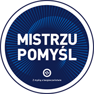 Symbol kampanii składający się z białego napisu Mistrzu Pomyśl na granatowym tle