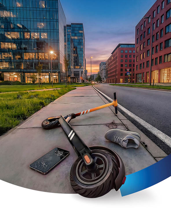 Zniszczona hulajnoga leży na chodniku