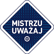Symbol kampanii - biały napis Mistrzu Pomyśl wpisany w granatowe koło